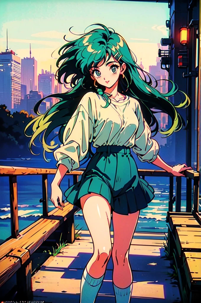 (80's, Retro, City Pop Poster:1.5), (Album cover), (masterpiece, Highest quality), (anime, figure), (pastel colour:1.4), 
Best Photo Poses, Dynamic Angle,
whole body、Cheerful face、smile、One high school girl、White shirt、skirt、Pedestrian bridge、Skyscraper、sunset、Complex background、Detailed Hair、Light green hair with pink inner color、Wavy Hair、Gradient Hair、Green Hair、Side braids、hair like clouds、Soft Hair、Two Side Up Hair、Faint lighting、There is movement、Lively and active、Gold hair clip、loose socks、チェック柄skirt、holding a paper cup of coffee、