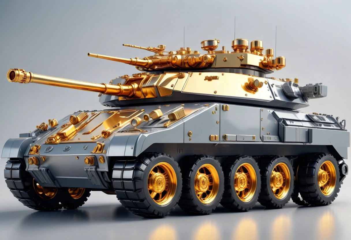 solid light grey background, Gold and gray transparent mechanical armored vehicle , Complex and sophisticated internal structure, Heavy golden armor,Heavy weapons, (Well-designed, High Detail, masterpiece, best quality, Ultra HD, Sharpen details)