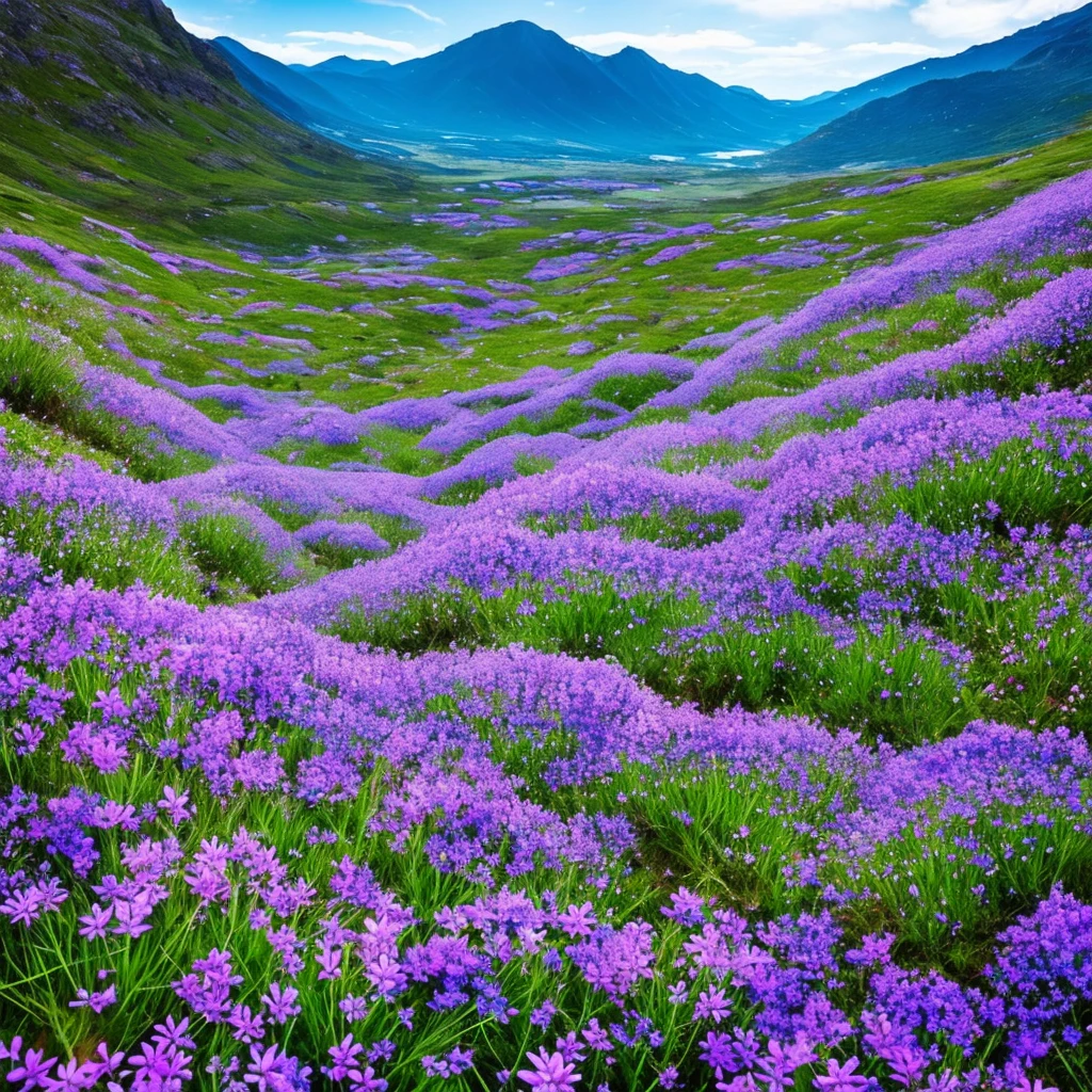 there are many purple flowers growing out of the rocks, a digital rendering by Anato Finnstark, flickr, hurufiyya, blue flowers bloomed all over, flowers with very long petals, mountainous area. rare flora, garis edelweiss, alien flora, chromostereopsis, mediumslateblue flowers, staggering in its beauty