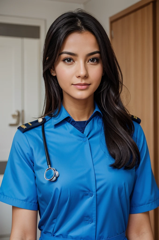 A female doctor wearing blue uniform 