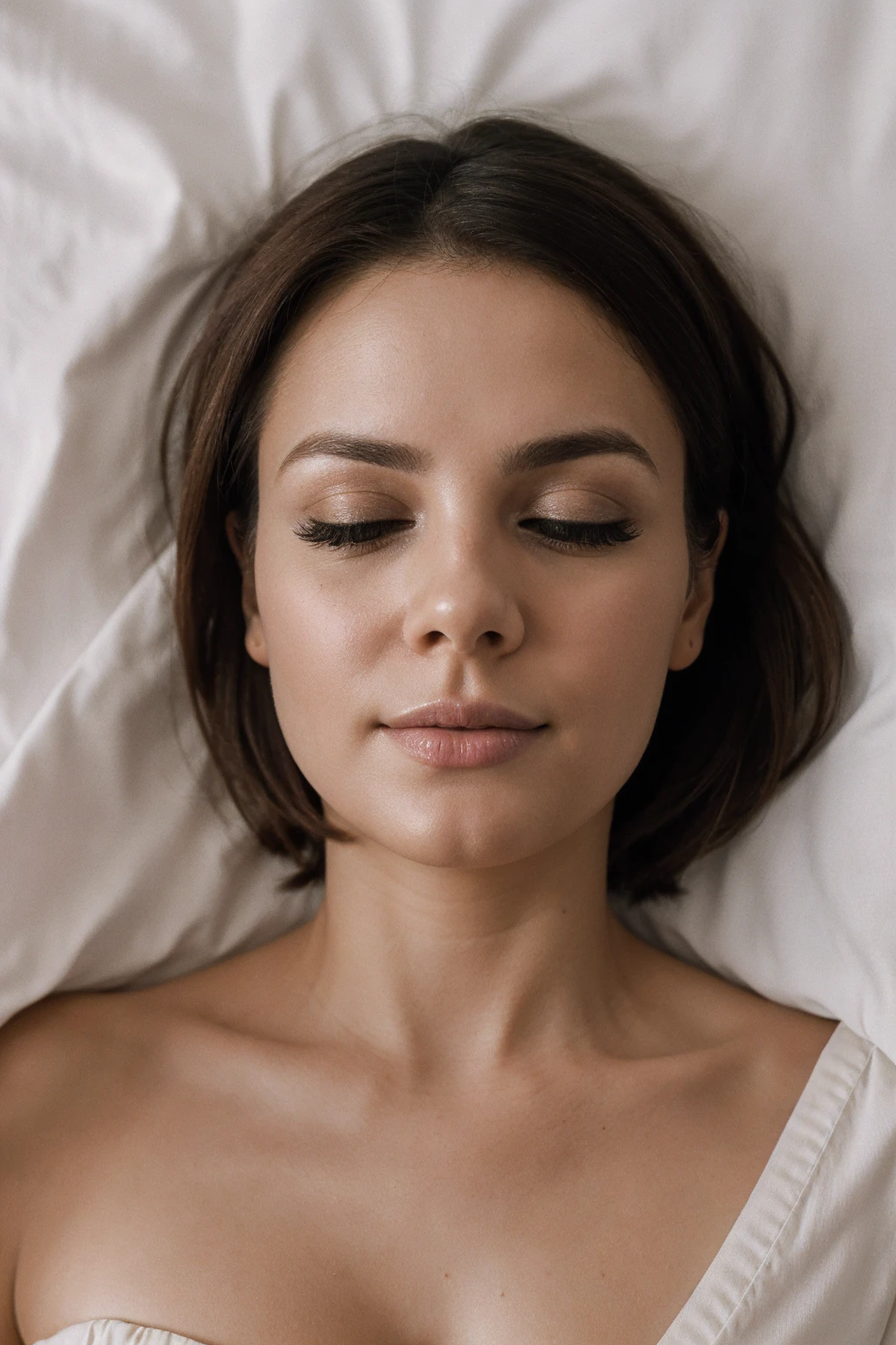 34 years old Maltese woman sleeping eyes closed in bed sideways under bed covers, back turned from camera, early morning, cute, solo,beautiful detailed sky,detailed, (8k, RAW photo, best quality, masterpiece:1.2), (realistic, photo-realistic:1.37), ultra-detailed,(nose blush),(closed mouth), seductive smile, large aparture, professional lighting, Sony A7R4, Zessie 50mm F1.8, ,beautiful detailed eyes,(bed covers:1.1),pleated,(short hair:1.2),floating hair, full body visible