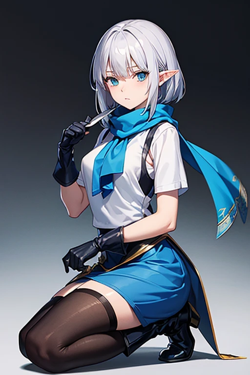 Anime Art、Full body portrait、Fantasy World Assassin、An elven woman, about 165cm tall, around 32 years old, wearing a blue vest, white T-shirt and blue long skirt, kneeling on one knee and holding a knife in her hand、Expressionless、Short medium hairstyle、Silver Hair、Green Eyes、Black tights、boots、gloves、A blue scarf around her neck