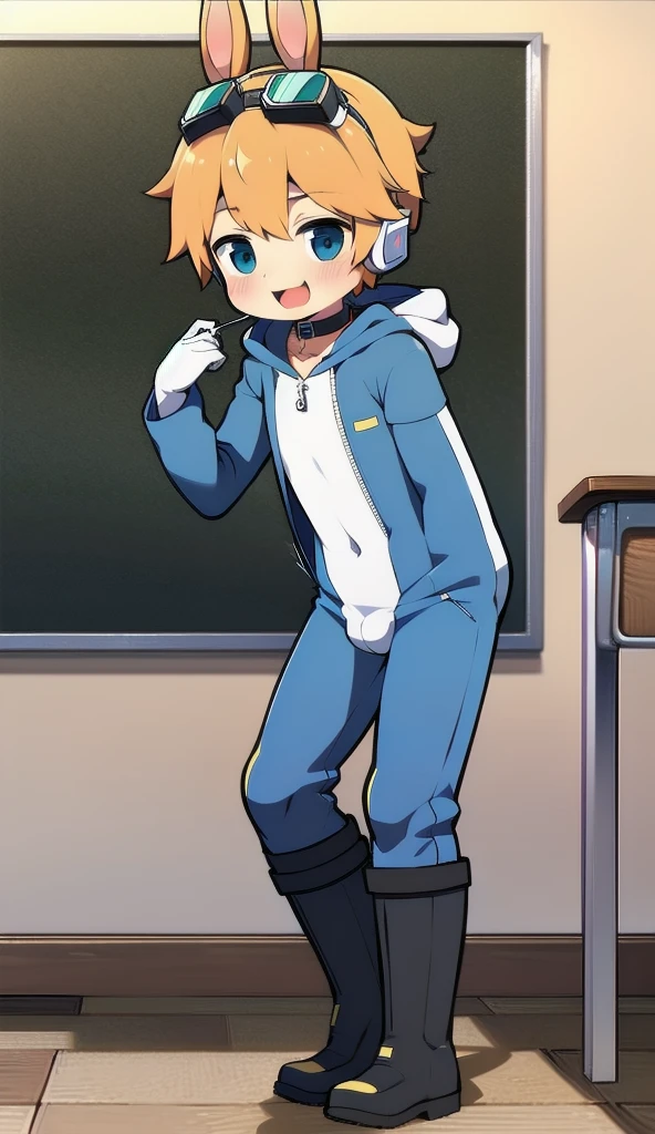 2D Boy Shota，One-piece mountaineering suit，Slim, healthy body，Put the headphones on your head，stand up，goggles，Rabbit ears，happy，Sailor collar，tie，Zipper pulled down，boots，hood，classroom