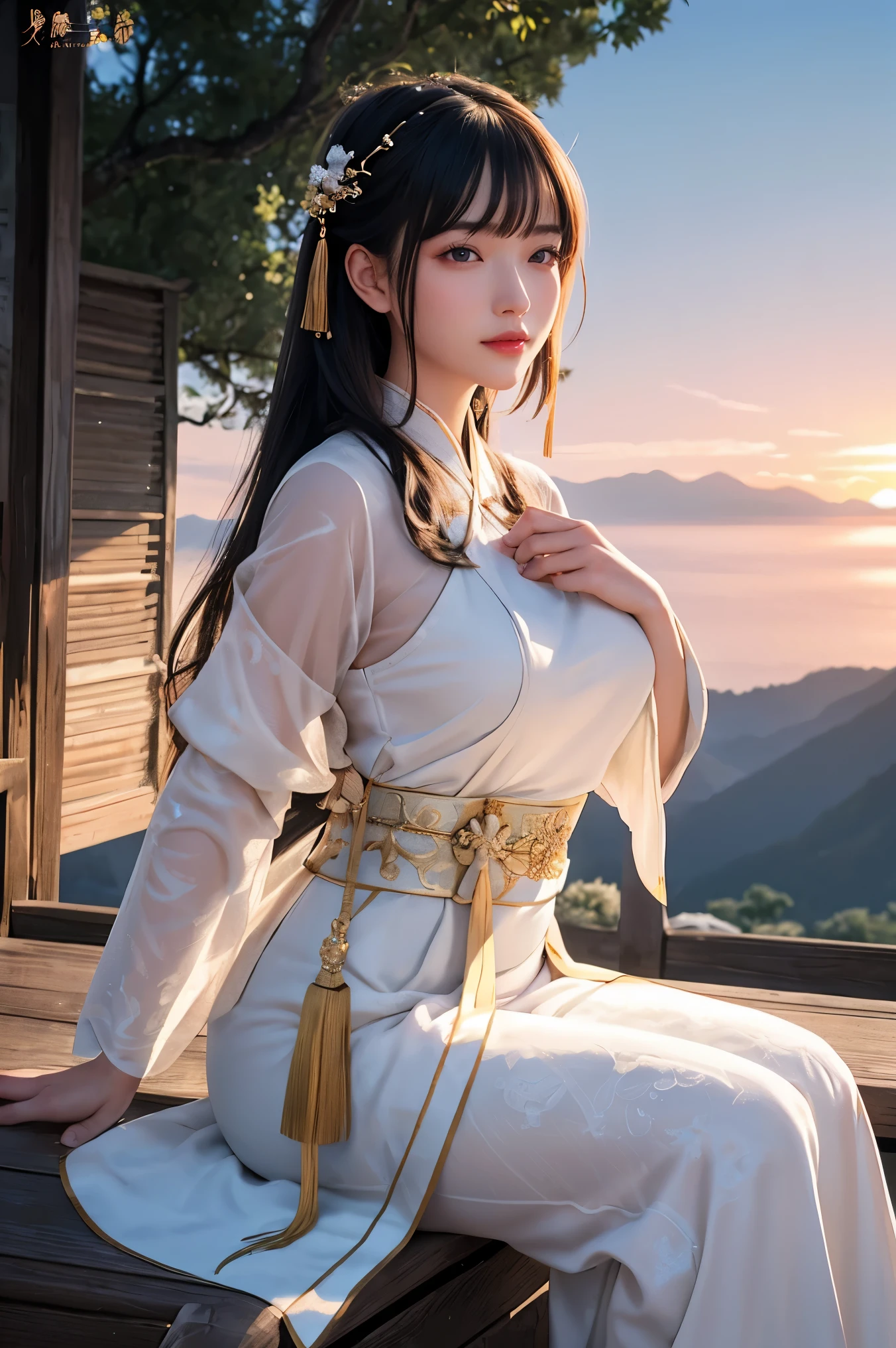 Face close-up, Ultra-fine face,woman, Chinese style, Ancient Wind,Hanfu, Sitting pose, Long white hair, Delicate clothing patterns, Elegance, Gorgeous, Elegance, smile,Sky Sky, ribbon,Sense of brokenness, It is, Bubble, Double up braid, Hairline, Diagonal bangs, hair band, hair ornaments,Sparkling, Cinema Lighting, Hyper HD, High resolution, 最high quality, 8K, High detail, high quality, Super Detail, Anatomically correct, masterpiece, Accurate,plump,Landscape painting,screen