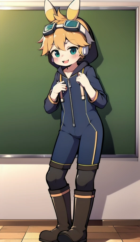 2D Boy Shota,One-piece mountaineering suit,Slim, healthy body,Put the headphones on your head,stand up,goggles,Rabbit ears,happy,Sailor collar,tie,Zipper pulled down,boots,hood,classroom