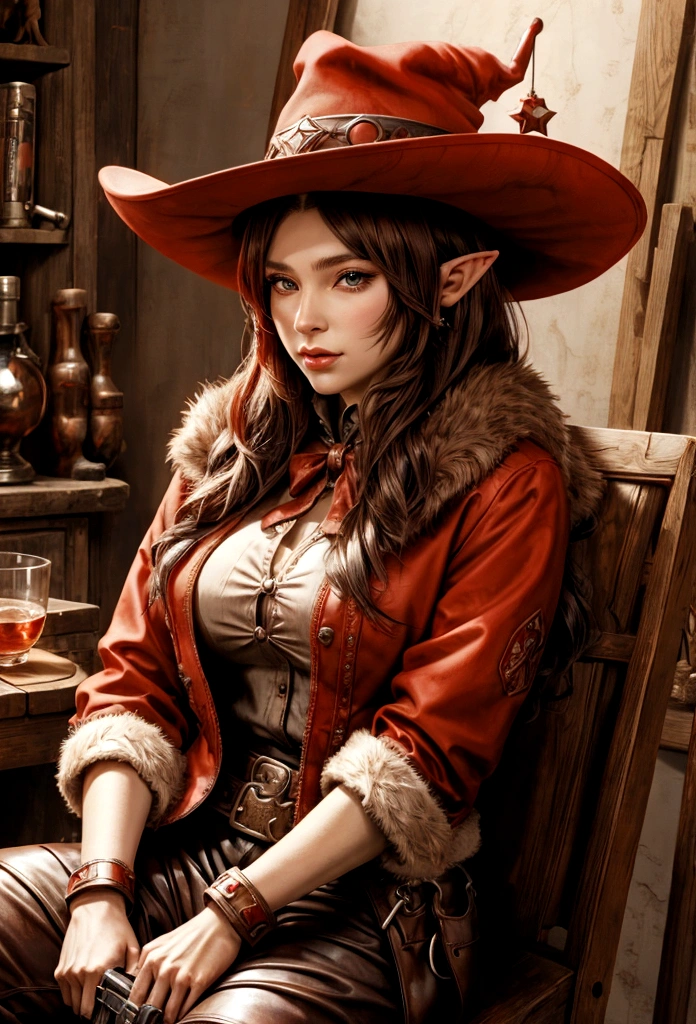 cowboy woman sitting on a chair with a red fur cowboy hat with elf-type ears, realistic anime style, with a cowboy gun in her hands