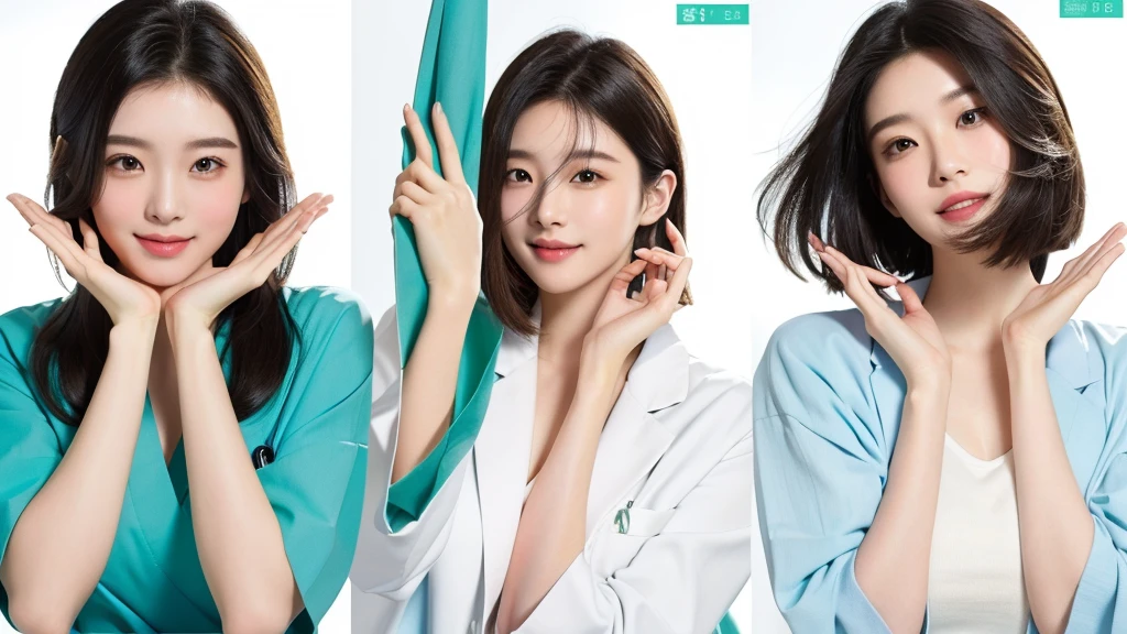 masterpiece, best quality, medium shot, 3girls, modern hospital, happy, Beautiful Japanese female doctor wearing white labcoat over green scrubs, beautiful detailed face, pale skin, realistic skin, detailed cloth texture, detailed hair texture, accurate, Anatomically correct, Highly detailed face and skin texture , looking at viewer