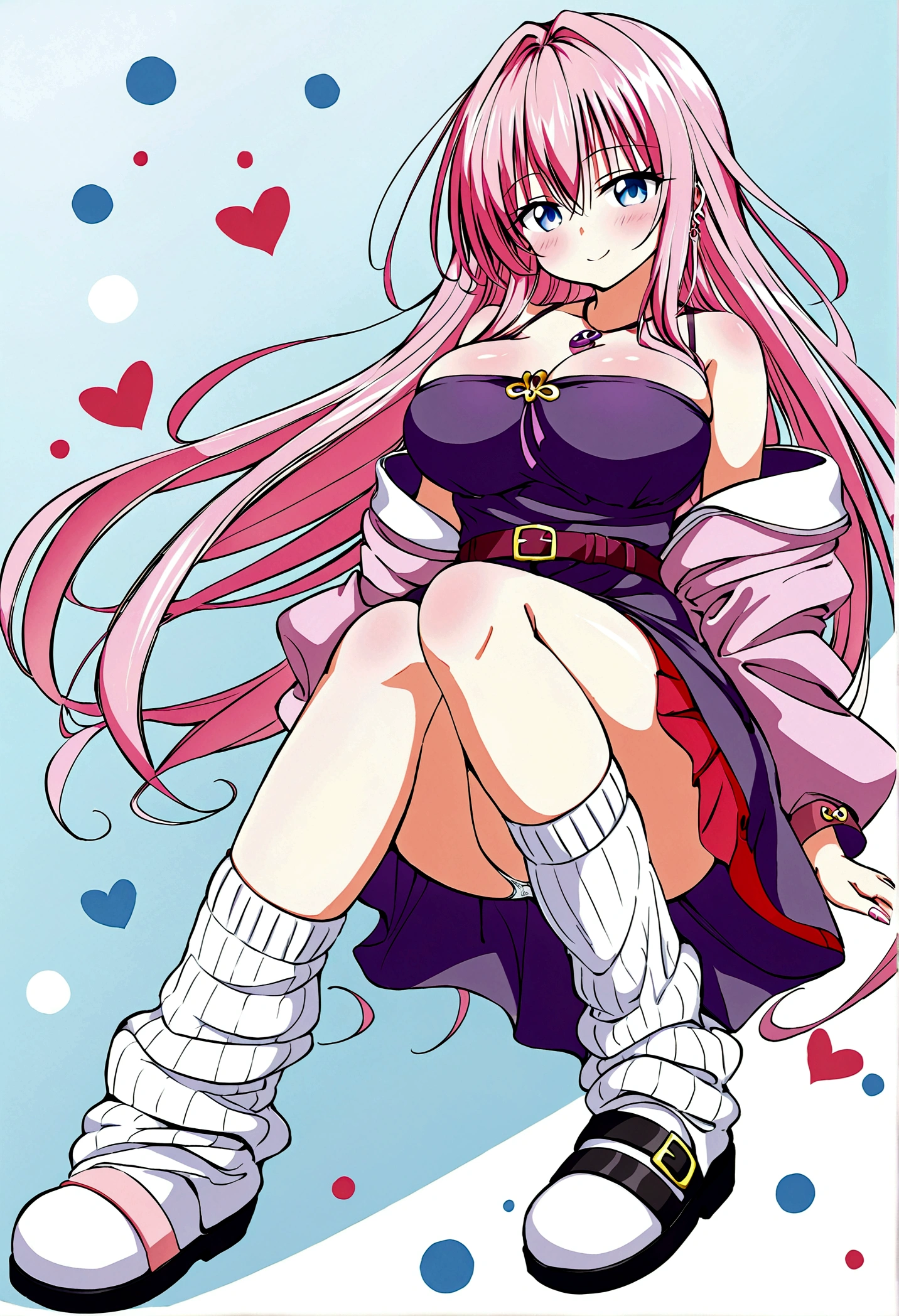 To Love-Ru、Purple off-the-shoulder mini skirt dress、Pink Hair、Big Breasts、White panties、Light purple loose socks、Provocative look、Raw thighs、Light blue eyes、Belt only on left thigh、Are standing