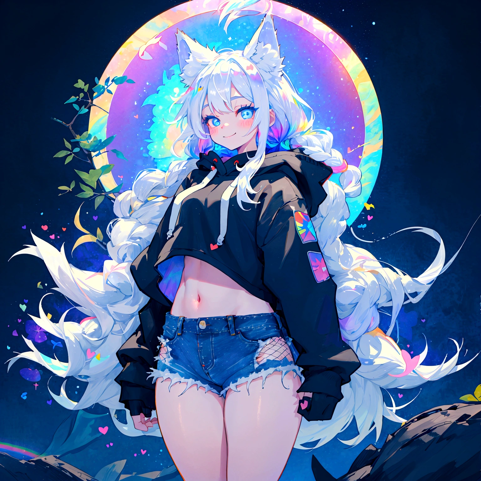 a cute adult male with wolf ears, long white hair, long locks, has a wolf tail, wearing a loose cropped black hoodie, wearing a pair of denim short shorts and fishnet stockings, thick thighs, wide hips, short, showing slender tummy, heart on hoodie, squishy thighs, has glowing blue eyes. alone, solo (ALONE)(SOLO), surrounded by rainbows, colorful galaxy backround, smiling, ontop of a pile of fluffy plushes, plushies everywhere, kawaii plushies, surrounded by bubbles, surrounded by rainbow leaves, standing up dancing, thicc thighs