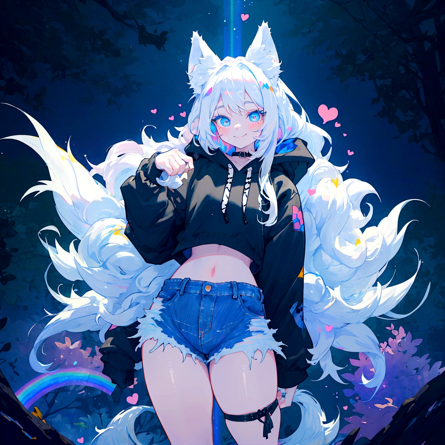 a cute adult male with wolf ears, long white hair, long locks, has a wolf tail, wearing a loose cropped black hoodie, wearing a pair of denim short shorts and fishnet stockings, thick thighs, wide hips, short, showing slender tummy, heart on hoodie, squishy thighs, has glowing blue eyes. alone, solo (ALONE)(SOLO), surrounded by rainbows, colorful galaxy backround, smiling, ontop of a pile of fluffy plushes, plushies everywhere, kawaii plushies, surrounded by bubbles, surrounded by rainbow leaves, standing up dancing, thicc thighs