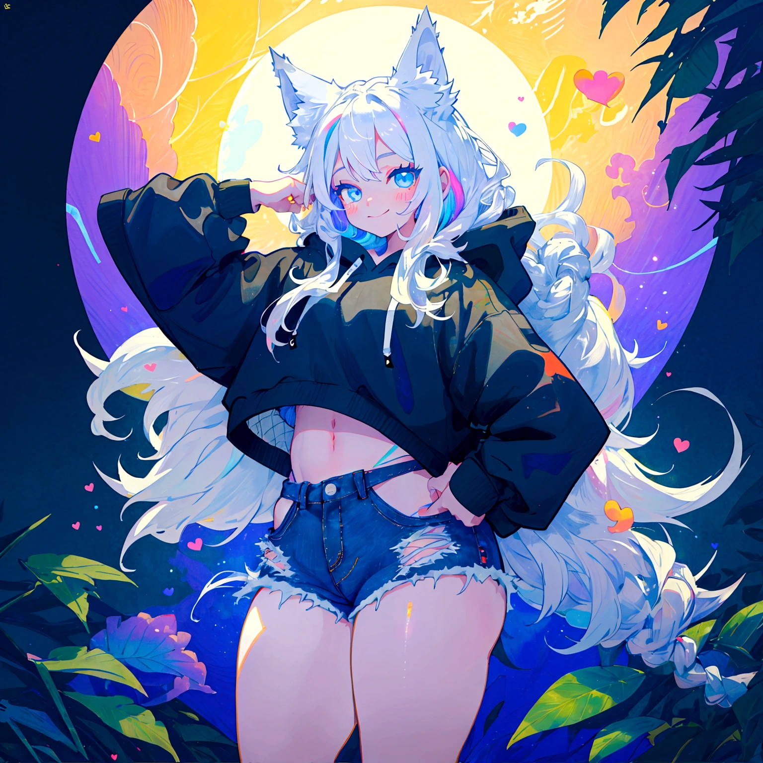 a cute adult male with wolf ears, long white hair, long locks, has a wolf tail, wearing a loose cropped black hoodie, wearing a pair of denim short shorts and fishnet stockings, thick thighs, wide hips, short, showing slender tummy, heart on hoodie, squishy thighs, has glowing blue eyes. alone, solo (ALONE)(SOLO), surrounded by rainbows, colorful galaxy backround, smiling, ontop of a pile of fluffy plushes, plushies everywhere, kawaii plushies, surrounded by bubbles, surrounded by rainbow leaves, standing up dancing, thicc thighs