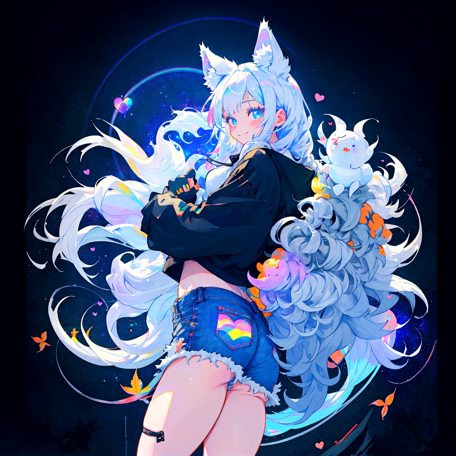 a cute adult male with wolf ears, long white hair, long locks, has a wolf tail, wearing a loose cropped black hoodie, wearing a pair of denim short shorts and fishnet stockings, thick thighs, wide hips, short, showing slender tummy, heart on hoodie, squishy thighs, has glowing blue eyes. alone, solo (ALONE)(SOLO), surrounded by rainbows, colorful galaxy backround, smiling, ontop of a pile of fluffy plushes, plushies everywhere, kawaii plushies, surrounded by bubbles, surrounded by rainbow leaves, standing up dancing, thicc thighs