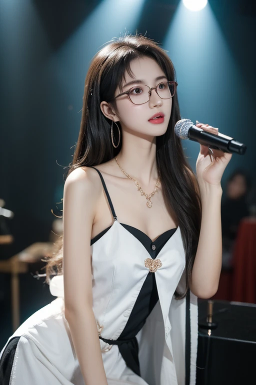 Highest quality、masterpiece、High sensitivity、High resolution、Detailed Description、Slender women、Slim Body、Glasses、Casual clothes、Sing with a microphone、At the karaoke box、
