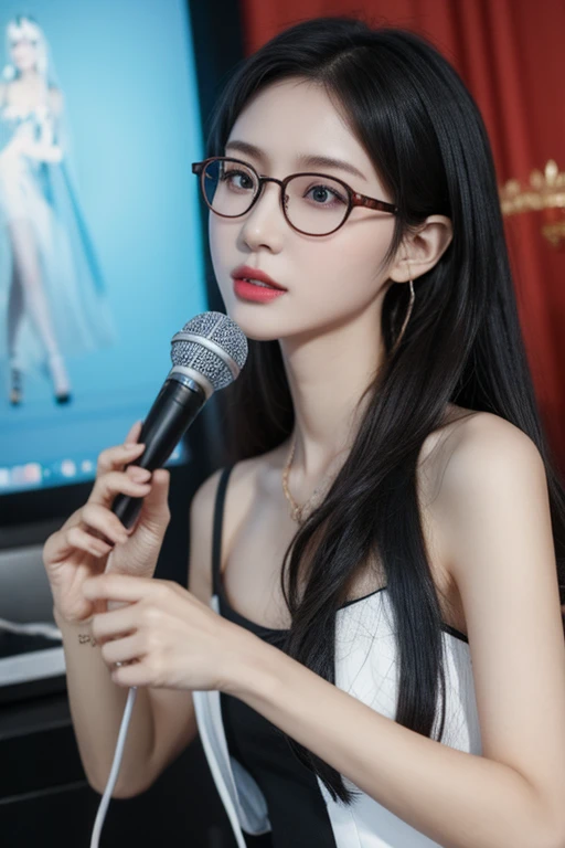 Highest quality、masterpiece、High sensitivity、High resolution、Detailed Description、Slender women、Slim Body、Glasses、Casual clothes、Sing with a microphone、At the karaoke box、
