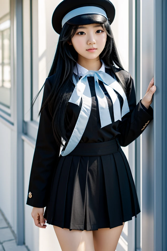 a korean highschool girl wearing black uniform with white lining AND LIGHT BLUE STRIPED RIBBON, beautiful, long black hair, real person, white background, WHOLE BODY IMAGE, HD