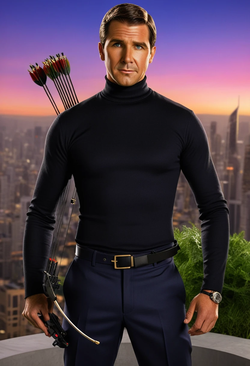 Sterling Archer, the suave and sarcastic secret agent, is depicted in a dynamic action scene doing archery. Dressed in his iconic black tactical turtleneck ("tactleneck") and sleek, form-fitting trousers, he stands in a dramatic pose, drawing back a high-tech, futuristic compound bow. His expression is a mix of intense concentration and his trademark smirk. The background is a high-stakes setting: a luxurious rooftop garden of a skyscraper, with the city skyline glittering at dusk. Helicopters hover in the distance, and an explosion can be seen in the background, emphasizing the high-adrenaline environment. The scene is rendered with vibrant colors and intricate details, capturing Archer's charisma and the thrilling atmosphere of espionage.

