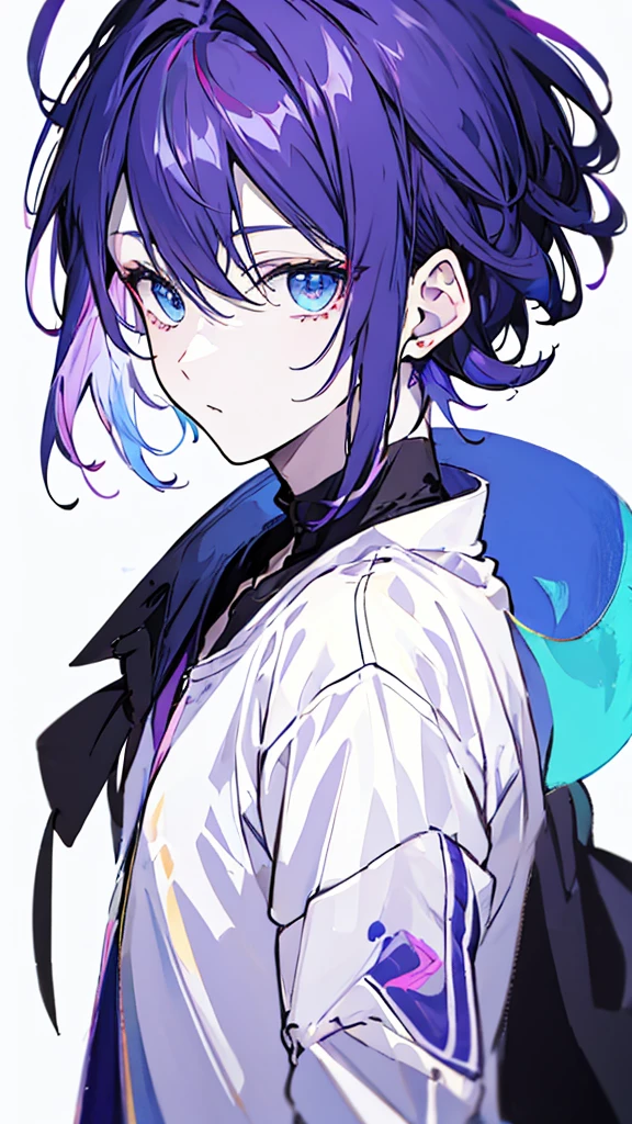 ((Highest quality)), ((masterpiece)), ((1 person)),Perfect Face、male、Purple hair color、Light blue eyes、Very short hair、vocal、pale colour、whole body、Simple clothes、look back