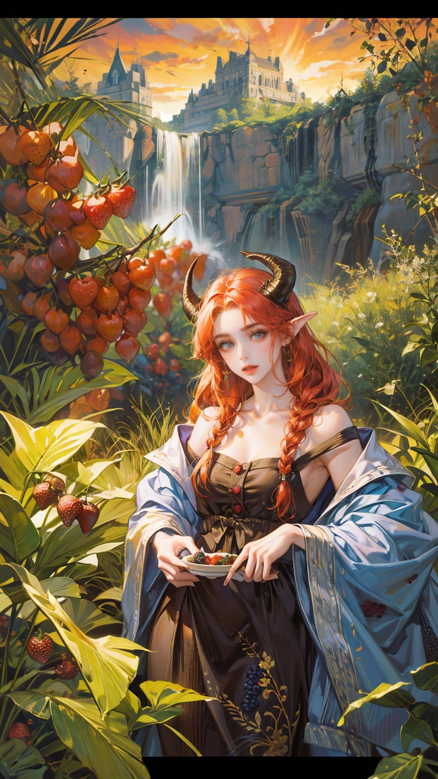 Pine three,river ,man and woman ,forest ,((horns on head,horns)) (Fechin Oil Painting - Fechin Oil Painting , oil painted), 03, elf ears (absurdres, highres, ultra detailed) red hair,(braids hair), photojournalism, documentary photography, visual storytelling, capturing moments, historical records, social commentary, powerful imagery, mosaic art, small pieces, colorful tesserae, intricate patterns, tiled designs, durable surfaces, time-honored techniques,golden eyes,glowing eyes,ineresting pose,big tits,vivid colors ,vibrant colors, tavern, food , sky clouds, sunrise, waterfall,forest , fruits , berriess Acai berries.Blueberries.Blackberries.Goji berries.Elderberries.Cranberries.Raspberries.(Strawberries)