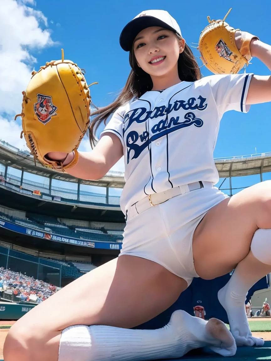 Highest quality、8K、Ultra-high resolution、Clear photos、In professional light、smile、She gets excited and shows off her white panties、((Very cute Korean girl、So cute!、Professional photos、Very detailed、masterpiece、RAW Photos、Real、Very delicate and beautiful、 detail、Textured sk、(sky seen from below)、1. Debt email、(Cheerleading for a professional baseball team)、(Cheering in the stands at the baseball stadium)、(High Kick)、Spread your legs、Spread your legs、Support Uniform、Blonde、(loose socks)、A perfect balance