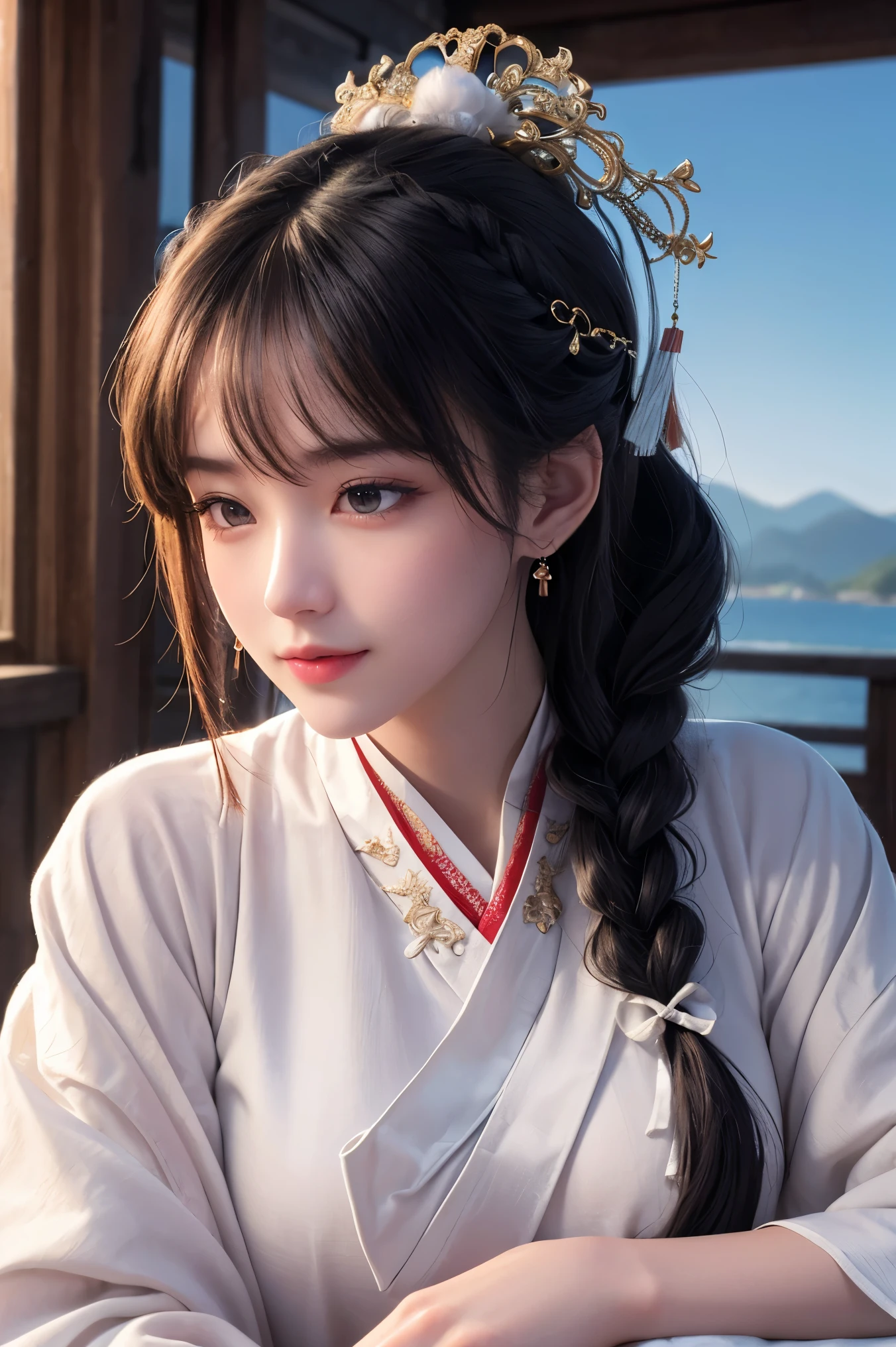 Face close-up, Ultra-fine face,woman, Chinese style, Ancient Wind,Hanfu, Sitting pose, Long white hair, Delicate clothing patterns, Elegance, Gorgeous, Elegance, smile,Sky Sky, ribbon,Sense of brokenness, It is, Bubble, Double up braid, Hairline, Diagonal bangs, hair band, hair ornaments,Sparkling, Cinema Lighting, Hyper HD, High resolution, 最high quality, 8K, High detail, high quality, Super Detail, Anatomically correct, masterpiece, Accurate,plump,Landscape painting,screen