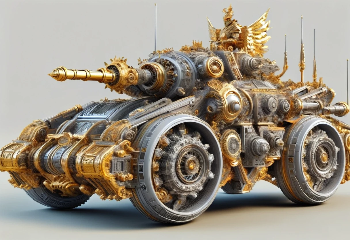 solid light grey background, Gold and gray transparent mechanical armored vehicle , Complex and sophisticated internal structure, Heavy golden armor,Heavy weapons, (Well-designed, High Detail, masterpiece, best quality, Ultra HD, Sharpen details)