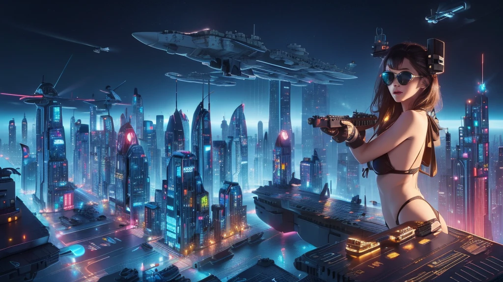 (((a large-breast bikini slim GIRL with black (micro) sunglasses))), (((((aiming at viewer with a pistol))))), a balcony of a futuristic building, aerial view of an ultra-futuristic megalopolis, metal buildings and houses in dark colors from dark blue to black, shades of metal gray, smoky metal structures, industrial environment with smoke and fog around, dark cars on the streets, desert megalopolis, modern metal rails and trains passing through, tall futuristic metal buildings, ultra modern buildings, (((((futuristic aircraft carrier))))), realistic, detailed, sci-fi.