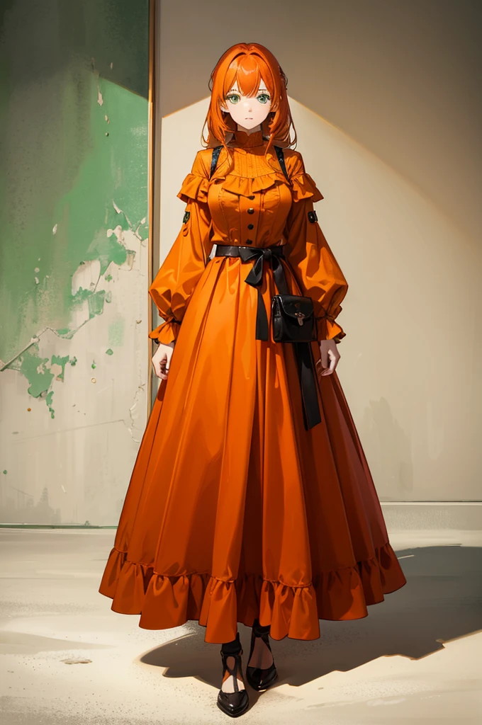 1woman, orange hair, green eyes, dress, standing on ground, high res, ultra sharp, 8K, masterpiece