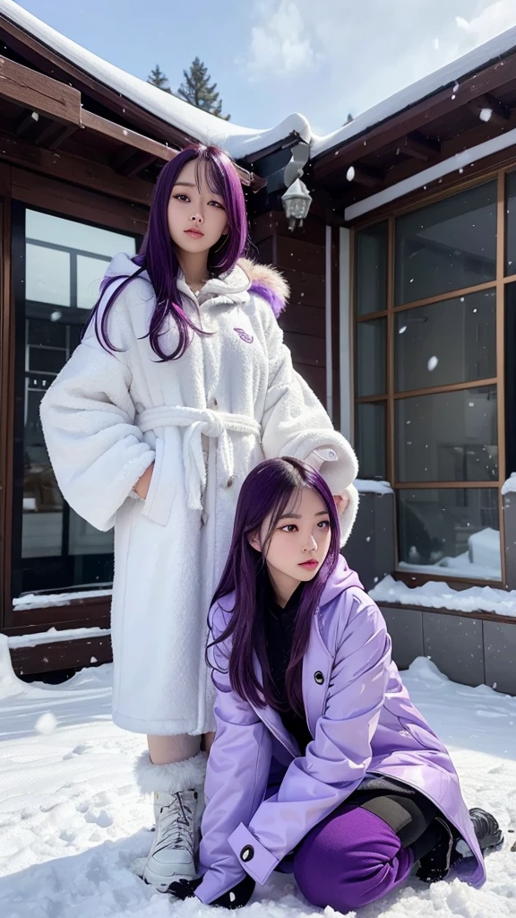 traditional asian goddess girl, violet hair, with a violet colour futuristic and technological armor, Long coat, beautiful Hoodie, Gloves, Boots, dynamic, is kneeling on the ground with a sword in her hand, snow background, detailed, realistic, 4k, cinematic.