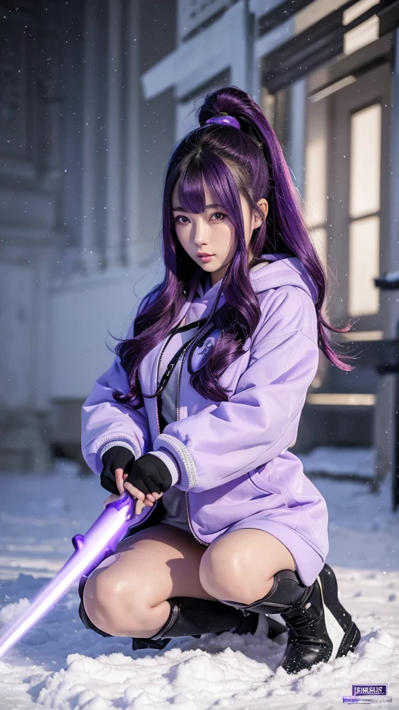 traditional asian goddess girl, violet hair, with a violet colour futuristic and technological armor, Long coat, beautiful Hoodie, Gloves, Boots, dynamic, is kneeling on the ground with a sword in her hand, snow background, detailed, realistic, 4k, cinematic.