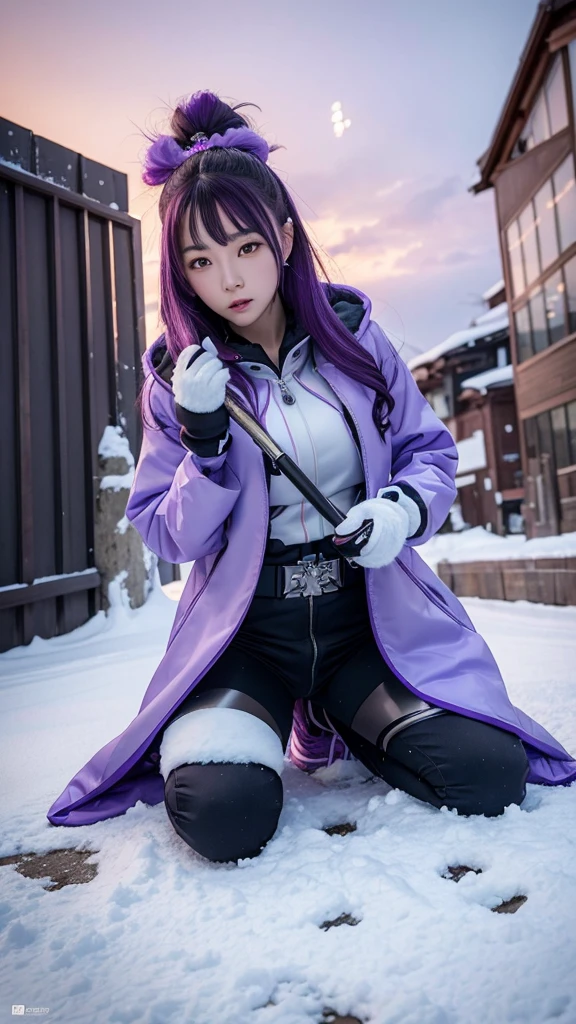 traditional asian goddess girl, violet hair, with a violet colour futuristic and technological armor, Long coat, beautiful Hoodie, Gloves, Boots, dynamic, is kneeling on the ground with a sword in her hand, snow background, detailed, realistic, 4k, cinematic.