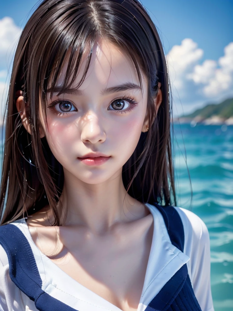 One Girl，(1人のとてもcute女の子:1.3)，masterpiece，Highest quality，High resolution，Photorealistic，RAW Photos，Ray Tracing，beautiful girl，(************:1.3)，cute，Big eyes，(detailed pupils:1.2)，(The face is facing straight ahead:1.3)，Body facing forward，Beautiful nose，Fuller lips，Short black hair，ponytail，short hair，Detailed eyelashes，Thin eyebrows，Very fine grain definition，(Symmetrical eyes:1.3)，(Face close-up，Face Focus:1.0)，Small breasts，Short neck，，Sailor suit，The background is the sea，Southern Island，Blue sky，White cloud，Portrait，View Viewer，Upper Body，Cinema Lighting，High resolution，Very detailed