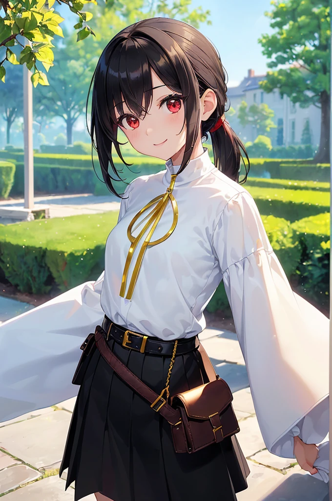 (masterpiece; best quality: 1.2), (finely detailed eyes: 1.3), ((10 year old female kid)), ((solo)), (red eyes: 1.4), (body; short, slender, small breasts: 1.3), (black hair in ponytail: 1.3), (beautiful and clear background: 1.2), ((depth of field)), (clothes: wanderer mage attire + white-and-gold wide-sleeve high-neck shirt + long black skirt + belts + traveler pouches and satchel: 1.3), (anime illustration: 1.2), (background; garden exterior: 1.1), (extremely fine and beautiful: 1.1), (shot composition; standing + centered on torso + close-up: 1.5), (expression; calm, smile: 1.2)