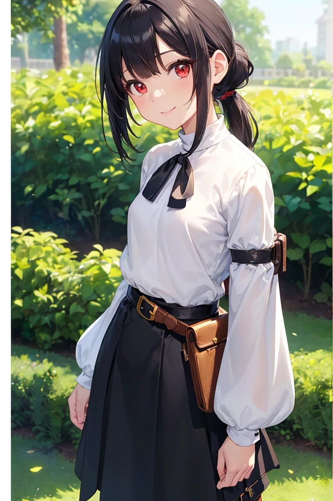 (masterpiece; best quality: 1.2), (finely detailed eyes: 1.3), ((10 year old female ???)), ((solo)), (red eyes: 1.4), (body; short, slender, small breasts: 1.3), (black hair in ponytail: 1.3), (beautiful and clear background: 1.2), ((depth of field)), (clothes: wanderer mage attire + white-and-gold wide-sleeve high-neck shirt + long black skirt + belts + traveler pouches and satchel: 1.3), (anime illustration: 1.2), (background; garden exterior: 1.1), (extremely fine and beautiful: 1.1), (shot composition; standing + centered on torso + close-up: 1.5), (expression; calm, smile: 1.2)