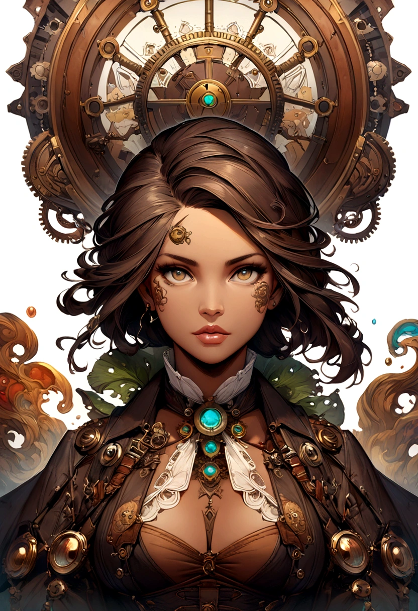 Cut out splash art, Steampunk ((White background)), roar, middle-aged brunette woman with tanned skin, splash style of colorful paint, outlines, hyper detailed intricately detailed , antastic, details Intricate, splashscreen, colors complementary, fantasy concept art, 8K resolution, Deviantart&#39;s masterpiece, oil painting, heavy strokes, paint drips, arte splash, steampunk style, dusky skinned