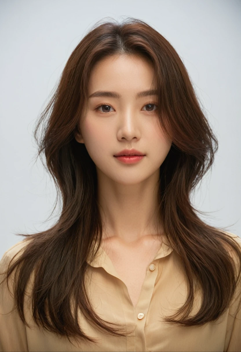 Best Quality, 8k, Masterpiece, (Portrait: 1.3), (photo realistic:1.4), (hyper realistic:1.4), Sharp Focus, looking at viewer, (smoother lighting:1.1), (increase cinematic lighting quality:0.9), realistic lighting, backlighting, light on face, ray trace, (brightening light:1.2), (Increase quality:1.4), sharp detail, (best quality real texture skin:1.4), finely detailed eyes, black_eyes, finely detailed face, 25 year old Korean woman, (white formal_shirt:1.4), (Create an image maintaining the original base model hairstyle:1.5)