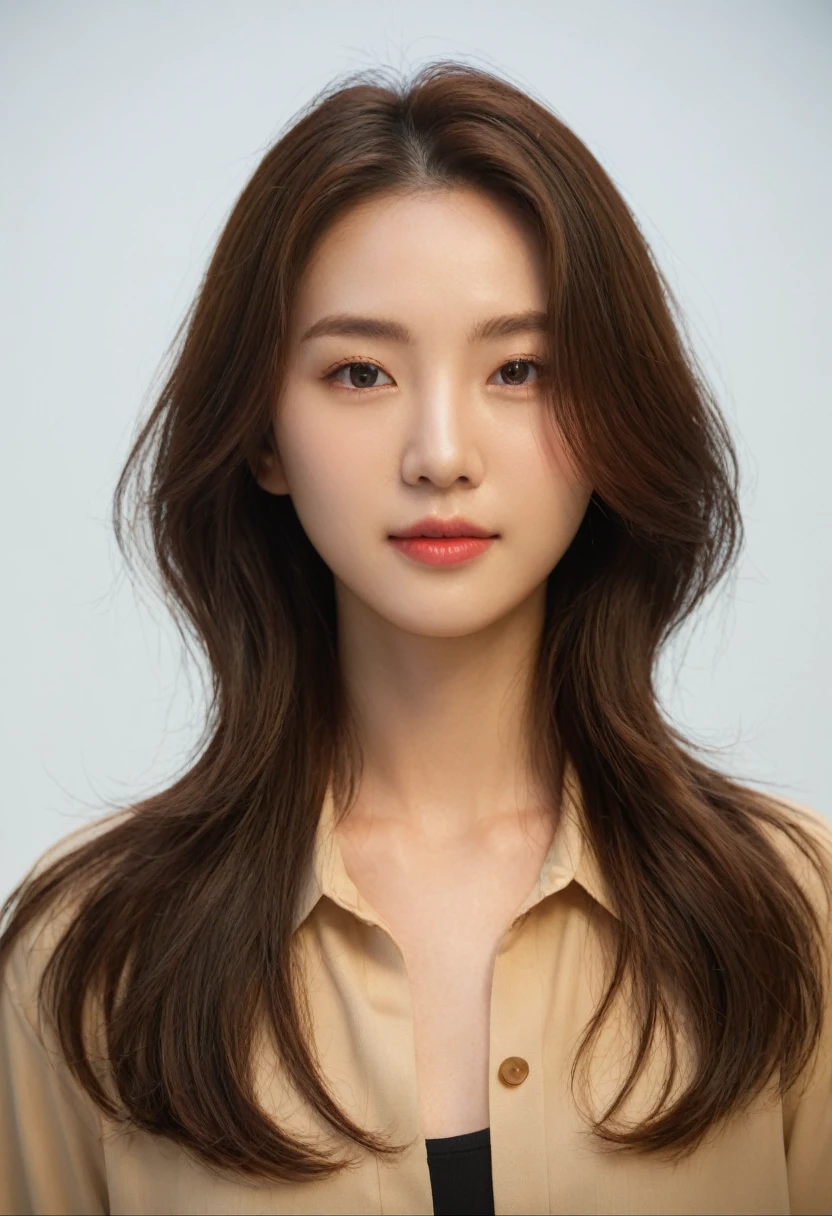 Best Quality, 8k, Masterpiece, (Portrait: 1.3), (photo realistic:1.4), (hyper realistic:1.4), Sharp Focus, looking at viewer, (smoother lighting:1.1), (increase cinematic lighting quality:0.9), realistic lighting, backlighting, light on face, ray trace, (brightening light:1.2), (Increase quality:1.4), sharp detail, (best quality real texture skin:1.4), finely detailed eyes, black_eyes, finely detailed face, 25 year old Korean woman, (white formal_shirt:1.4), (Create an image maintaining the original base model hairstyle:1.5)
