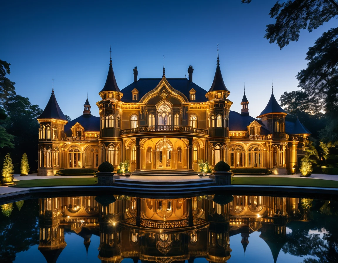 An intricately designed, glowing wooden mansion sits majestically on a serene lake. The mansion, with its polished and ornate architecture, is illuminated warmly from within, casting a mesmerizing reflection on the calm water below. The structure features multiple turrets, arched windows, and decorative spires, creating a jewel-box effect. The scene is set against a dark, tranquil night sky, enhancing the golden glow emanating from the mansion's lights. The surrounding area is dotted with lush trees, their shadows adding depth to the peaceful ambiance