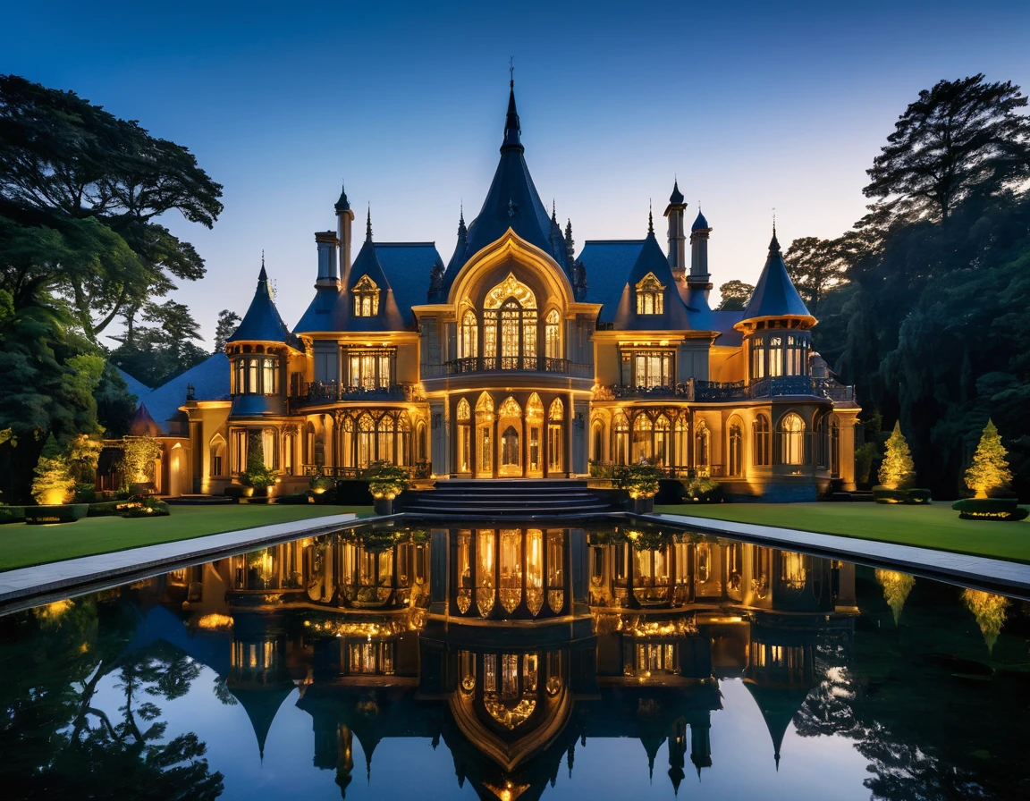 An intricately designed, glowing wooden mansion sits majestically on a serene lake. The mansion, with its polished and ornate architecture, is illuminated warmly from within, casting a mesmerizing reflection on the calm water below. The structure features multiple turrets, arched windows, and decorative spires, creating a jewel-box effect. The scene is set against a dark, tranquil night sky, enhancing the golden glow emanating from the mansion's lights. The surrounding area is dotted with lush trees, their shadows adding depth to the peaceful ambiance