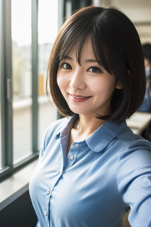 One girl, Mature Woman, E Cup,photograph, Realistic, Highest quality, employment, office,Detailed face, Detailed Background, Diffused sunlight, Depth of written boundary, Bokeh,Bob,smile,front,Ayako Hironaka,Selfie,Upper Body,OL,Returning Home,shirt