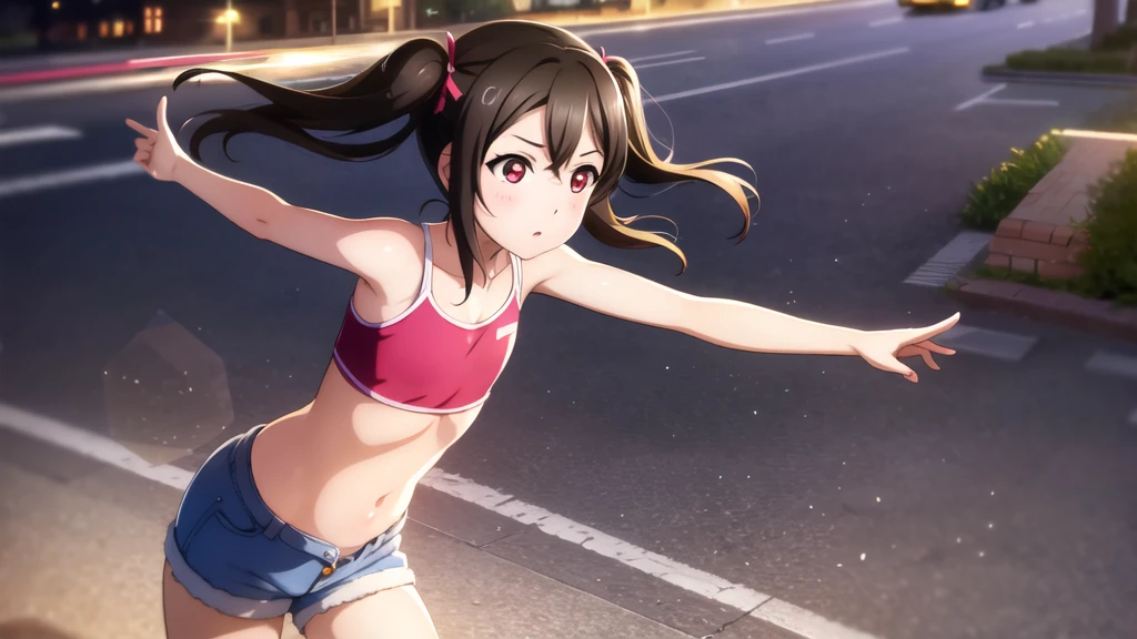 Yazawa nico, Twin tails,Red eyes,((Mid-chest, Tomboy, Small Head)), Dawn, sunlight, (Trained abdominal muscles : 1.1), (Perfect body : 1.1), (Short Wavy Hair : 1.2) , Auburn Hair, collar, Lock, Full Body Shot, Crowded street, Wearing a black tank top, Jeans jacket, ((Shorts)), (Highly detailed CG 8K wallpaper), (Very delicate and beautiful), (masterpiece), (Highest quality:1.0), (ultra High resolution:1.0),  Beautiful lighting ,Perfect Lightning, Realistic Shadows, [High resolution], Detailed skin, Super detailed
