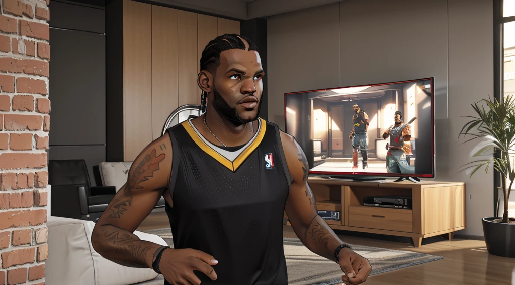 there is a man standing in a living room with a tv, lebron james in gta v cover art, 2020 video game screenshot, nba 2 k 2 1, in game, in - game, in-game, video game screenshot>, 2 k, 2k, as a character from gtav, inspired by Leonard Daniels, in game graphic, photorealistic content