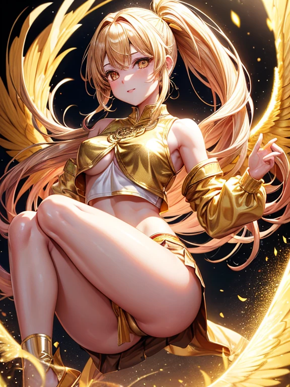 Golden long pony tail girl golden eyes have 2 golden wings wearing golden crop top and golden skirt golden socks no shoes and have mini golden crystals aura floating around