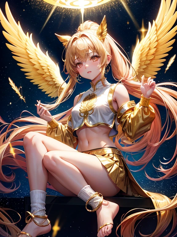 Golden long pony tail girl golden eyes have 2 golden wings wearing golden crop top and golden skirt golden socks no shoes and have mini golden crystals aura floating around