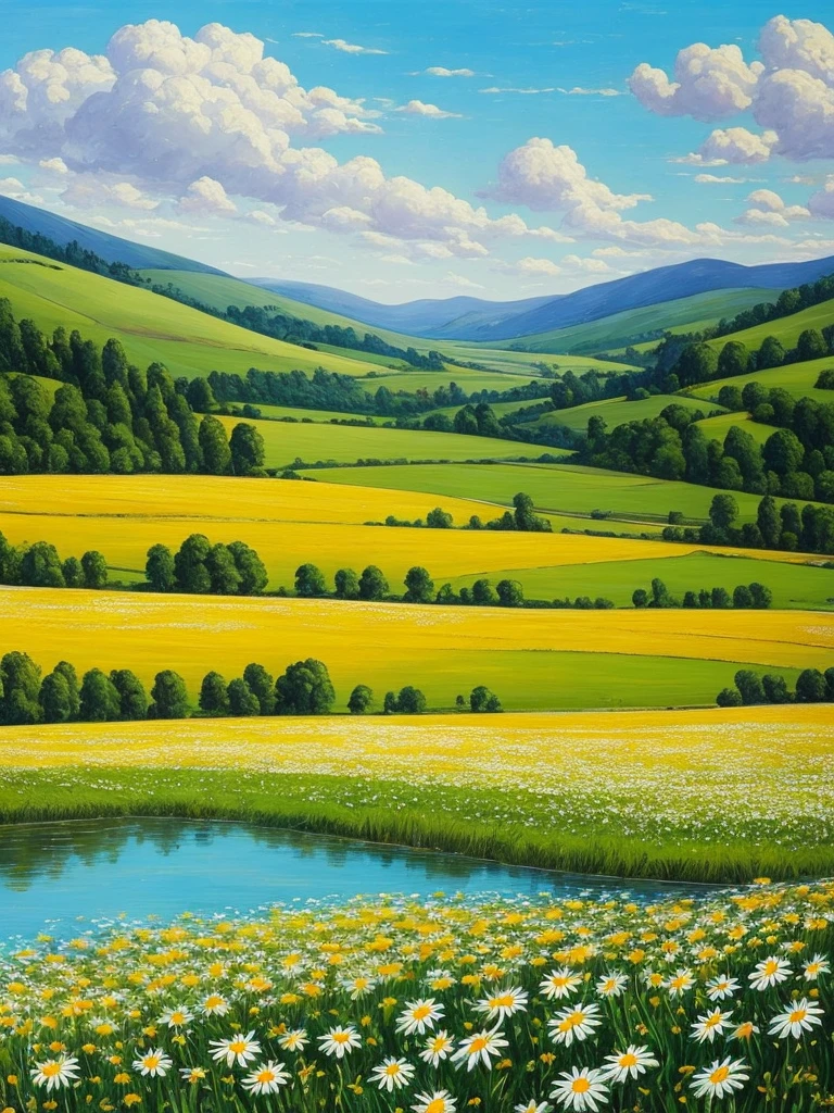 painting of a field of daisies and a river in the distance, meadow with flowers, meadows on hills, field of flowers, by Eugene Tertychnyi, [ oil painting ]!!, landscape oil painting, by Franciszek Starowieyski, summer landscape, summer meadow, by Sylvester Shchedrin, meadows, by Dechko Uzunov