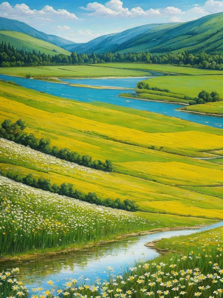 painting of a field of daisies and a river in the distance, meadow with flowers, meadows on hills, field of flowers, by Eugene Tertychnyi, [ oil painting ]!!, landscape oil painting, by Franciszek Starowieyski, summer landscape, summer meadow, by Sylvester Shchedrin, meadows, by Dechko Uzunov