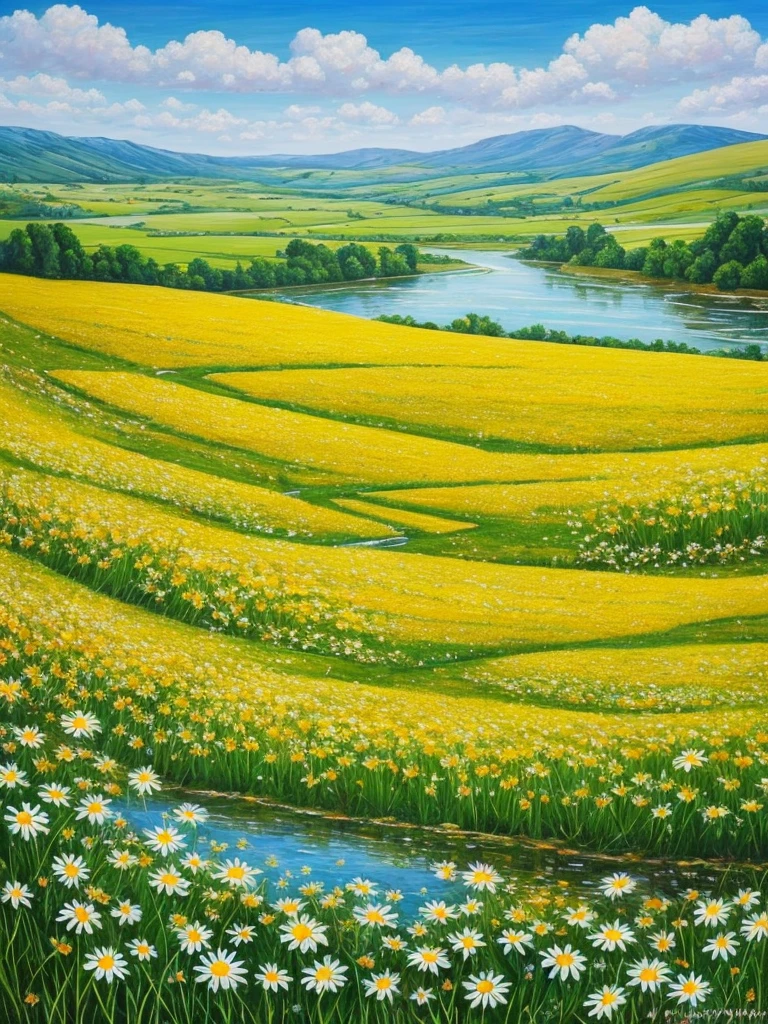 painting of a field of daisies and a river in the distance, an oil painting by Eugene Tertychnyi, flickr, naive art, meadow with flowers, meadows on hills, field of flowers, [ oil painting ]!!, landscape oil painting, summer landscape, summer meadow, meadows, painting of, oil painting!!!, field of wild flowers, sunny meadow