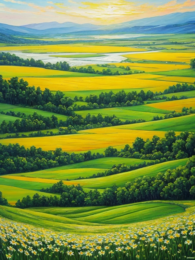 painting of a field of daisies and a river in the distance, an oil painting by Eugene Tertychnyi, flickr, naive art, meadow with flowers, meadows on hills, field of flowers, [ oil painting ]!!, landscape oil painting, summer landscape, summer meadow, meadows, painting of, oil painting!!!, field of wild flowers, sunny meadow