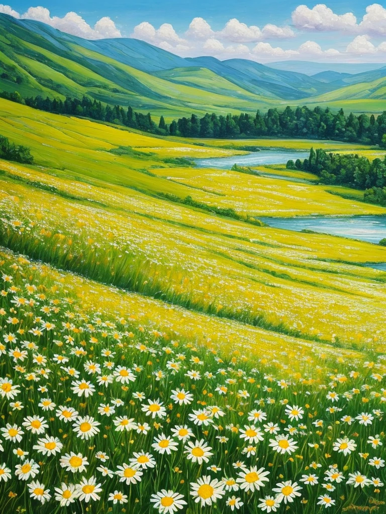 painting of a field of daisies and a river in the distance, an oil painting by Eugene Tertychnyi, flickr, naive art, meadow with flowers, meadows on hills, field of flowers, [ oil painting ]!!, landscape oil painting, summer landscape, summer meadow, meadows, painting of, oil painting!!!, field of wild flowers, sunny meadow