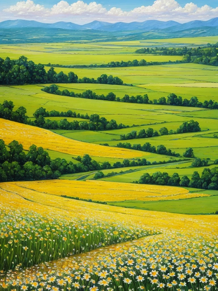 painting of a field of daisies and a river in the distance, an oil painting by Eugene Tertychnyi, flickr, naive art, meadow with flowers, meadows on hills, field of flowers, [ oil painting ]!!, landscape oil painting, summer landscape, summer meadow, meadows, painting of, oil painting!!!, field of wild flowers, sunny meadow