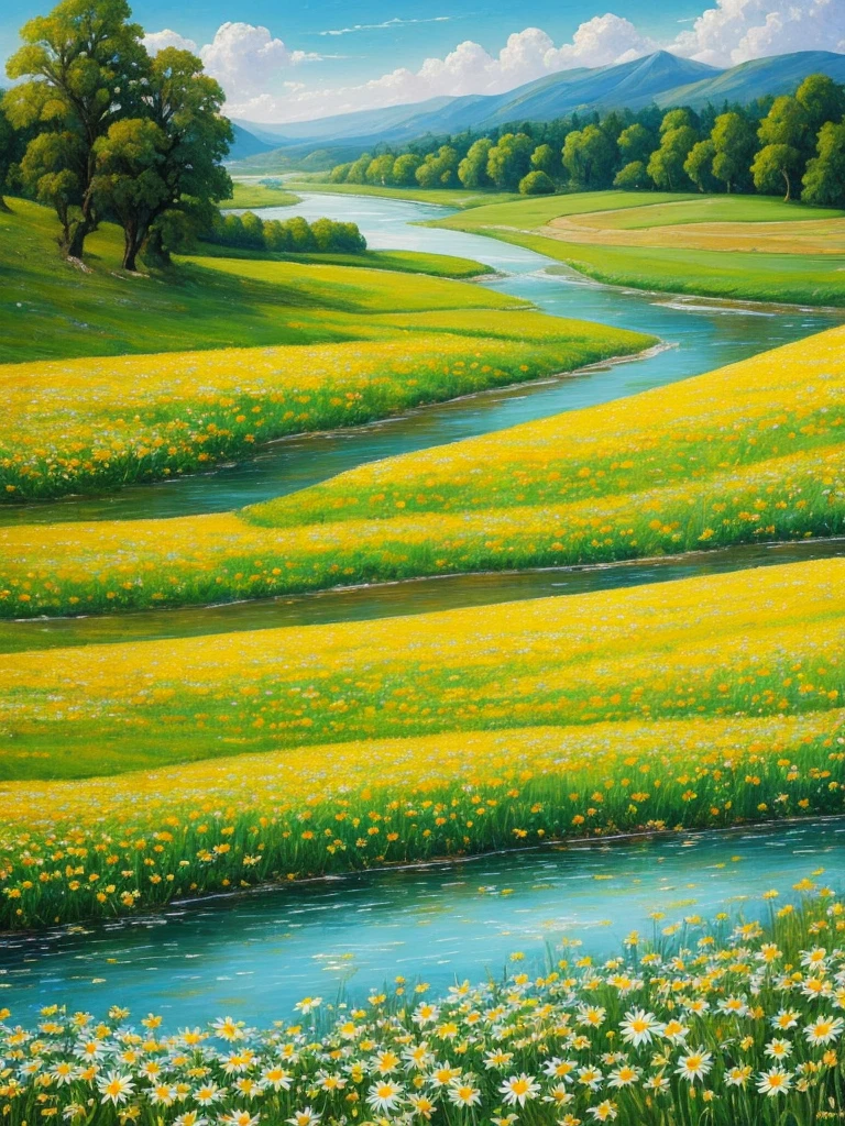 painting of a field of daisies and a river in the distance, meadow with flowers, meadows on hills, field of flowers, by Eugene Tertychnyi, [ oil painting ]!!, landscape oil painting, by Franciszek Starowieyski, summer landscape, summer meadow, by Sylvester Shchedrin, meadows, by Dechko Uzunov